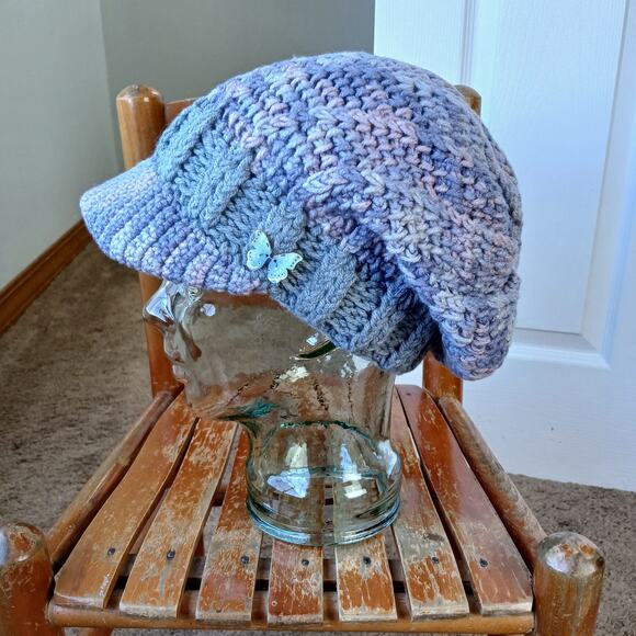 Mulberry Slouchy with a Brim handmade crochet ready-to-ship newsboy OSFM premade - Picture 2 of 12